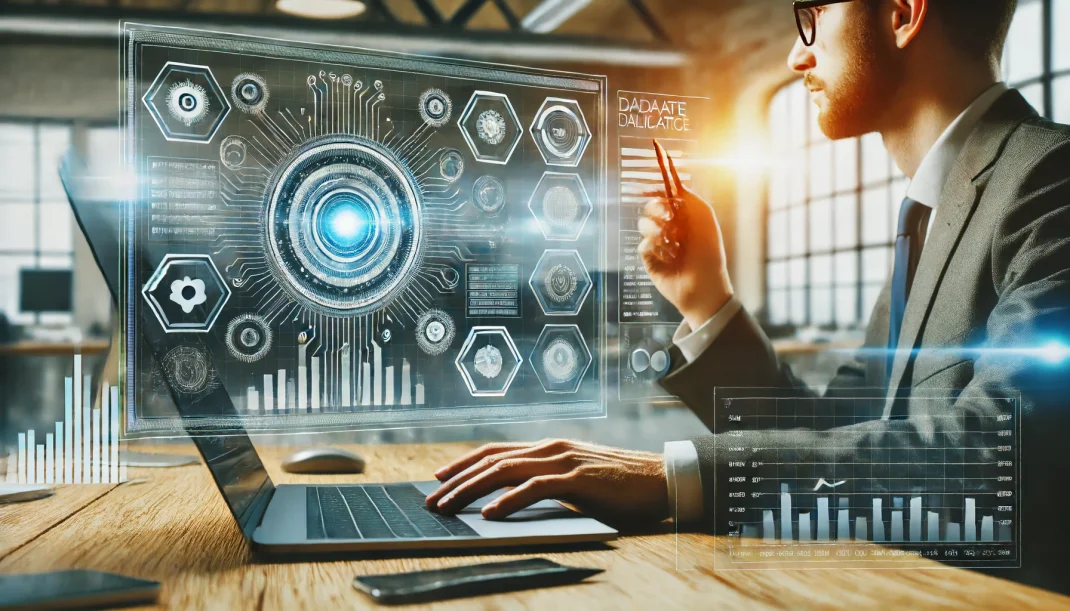 Das Bild zeigt einen IT-Experten, der mit fortschrittlichen Technologien arbeitet, um Daten zu validieren. Im Hintergrund ist ein Computerbildschirm zu sehen, der Diagramme und Statistiken anzeigt. Die Szene befindet sich in einem modernen Büro und betont die High-Tech-Tools und Methoden, die für die Datenvalidierung und Qualitätssicherung verwendet werden.